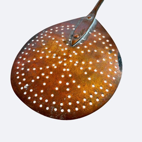 Antique Copper Skimmer Slotted Strainer Ladle Long 20.5" Handle - Picture 2 of 6